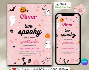 May include: Pink Halloween-themed invitation with the text "Oliver is two spooky" and Halloween graphics. Includes a smartphone mockup and a thank you tag. The invitation is 5x7 inches.