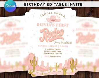 First Rodeo birthday invitation Editable, First Rodeo Invite, 1st Rodeo Invite Cowgirl Theme Wild West Western,1st Rodeo Girl Cowgirl Invite