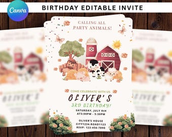 Editable Farm Birthday Invitation, Barnyard Animals Party Invite, Cute Ranch Theme with Farm Animals,Kids Birthday for Boy and Girl Template
