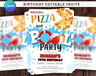 May include: A birthday invitation with a pizza and pool party theme. The invitation features a pizza graphic, a red and white beach ball, and a red and white life preserver. The text reads "PIZZA and POOL PARTY" and "NOMAN'S 10TH BIRTHDAY".
