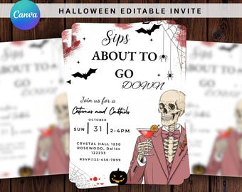 May include: Halloween-themed invitation with a skeleton illustration holding a cocktail. The invitation includes the text "Sips About to Go Down" and details for a "Costumes and Cocktails" event on October 31st.