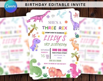 Pastel Dinosaur Birthday Invitation, Girl Three Rex Party, Editable Dino Jurassic Invite, Cute Dinosaur Template, Pink Trex Birthday Party