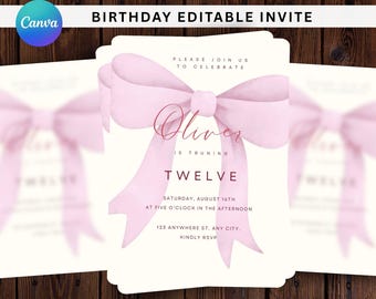 Pink Bow Birthday Invitation, Coquette Girl Birthday Invite, Sweet Sixteen, ANY Age Bow Theme Birthday, Pink Ribbon Invite, Minimal Birthday