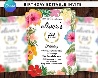 Tropical Luau Birthday Invitation, Hawaiian Aloha Party Invite, Pineapple Summer Pool Party Card, Pineapple Invite, Tropical Summer Theme