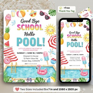 Goodbye School Hello Pool Invitation, Schools Out Pool Party Invite, End of School Party Invite,Summer Break Invite,End Of School Pool Party