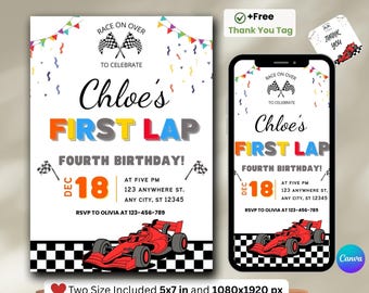 Race Car First Birthday Invitation, Fast one Boy 1st Birthday e-invite, First Lap Around The Track Invite, 1st Birthday Boy Party Invitation