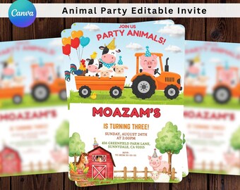 Farm Birthday Invitation, Barnyard Animals Party, Editable Tractor Birthday Invite, Cute Farm Animals Printable Template,Ranch Kids Birthday