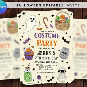May include: Halloween-themed invitation with illustrations of a ghost, candy, a cupcake, and a mummy. The invitation reads "Join us for a Costume Party" and includes event details for Jerry's 7th birthday.