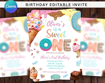 May include: A colorful birthday invitation with the text "Oliver's is a Sweet ONE." The design includes illustrations of ice cream cones, donuts, and cupcakes. The invitation also includes the date, time, and location of the party.