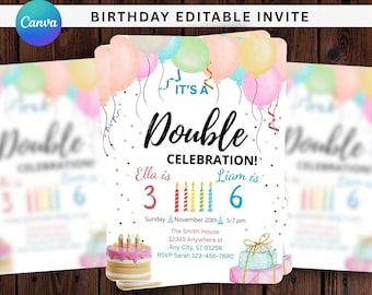 Invitación para fiesta de cumpleaños conjunta, fiesta de cumpleaños de hermanos editable, cumpleaños doble para niño y niña, invitación imprimible con confeti de colores para hermanas.