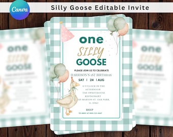 Zaproszenie na urodziny One Silly Goose, pierwsze urodziny Goose, edytowalny zielony One Silly Goose, pierwsze urodziny dziewczynki, zaproszenie Goose