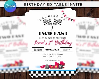 Editable TWO Fast Birthday Invitation, Two Fast Birthday Invite, Race Car 2nd Birthday Invite, Retro Race Car Birthday, Two Curious Race Car