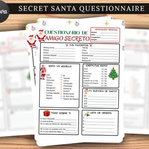 May include: A stack of Secret Santa questionnaires with a festive design. The top sheet features the text "SECRET SANTA QUESTIONNAIRE" and "CUESTIONARIO DE AMIGO SECRETO". The forms include sections for favorites, preferences, and a wish list.