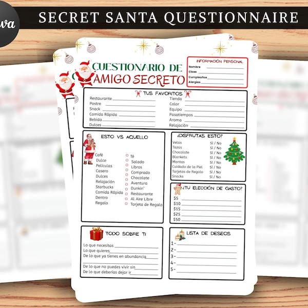 Editable Spanish Secret Santa Questionnaire, Christmas Gift Exchange, Holiday Party Game PDF & Printable, Holiday Wish List Form
