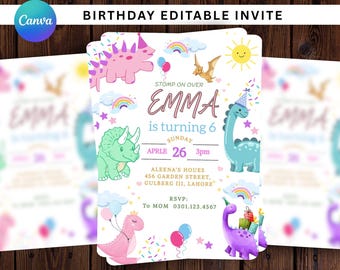 May include: A birthday invitation with a dinosaur theme. The invitation features colorful illustrations of dinosaurs, rainbows, and balloons. Text includes "EMMA is turning 6" and event details. The Canva logo is in the upper left corner.
