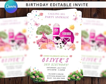 Editable Pink Farm Birthday Invitation, Barnyard Animals Party Invite, Girl Farm Birthday, Floral Barnyard Birthday Digital Template