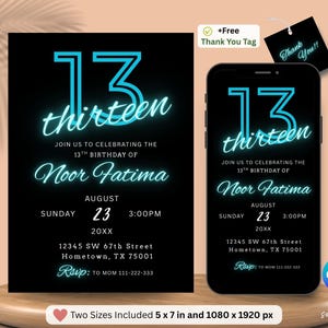 EDITABLE Neon Birthday Invitation, Neon Glow Invitation, 13th Birthday Invitation,  Lets Party invitation, Blue Birthday Invitation.