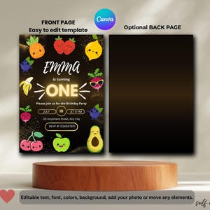 May include: A birthday party invitation with a black and gold background, featuring cartoon fruits and the text "Emma is turning ONE." The invitation includes details for the party on July 18th at 9 PM. The Canva logo is visible.