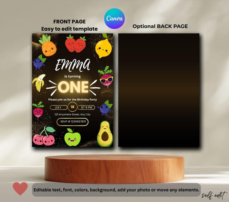May include: A birthday party invitation with a black and gold background, featuring cartoon fruits and the text "Emma is turning ONE." The invitation includes details for the party on July 18th at 9 PM. The Canva logo is visible.