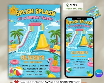 Water Slide Birthday Invitation, Boy Girl Splash Party Invite, Water Slide Bash,  Water Slide Invitation, Summer Pool Party, Birthday Evite