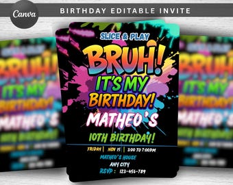 Bruh It’s My Birthday Invitation, Neon Graffiti Editable Teen Party Template, Any Age Boy Digital Invite, Arcade Gamer Printable Card