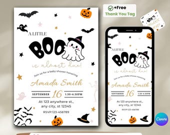 Editable A Little Boo Baby Shower Invitation, Cute Ghost Halloween Shower Invite, Boy Girl Spooky Baby Shower, Printable Digital Template