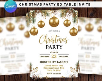 May include: A Christmas party invitation with gold ornaments, text, and decorative elements. The invitation includes the text "Christmas Party" and details such as the date, time, and host's information. The Canva logo is in the upper left corner.