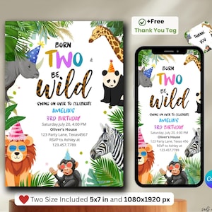 Born Two Be Wild Invitation, Girl 2nd Birthday, Safari Party Animals Invite, Jungle Animal Two Wild Birthday,Editable Party Animals Template