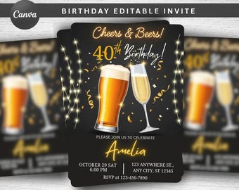 Editable Cheers and Beers Birthday Invitation, Beer Party Surprise Invite, 30th 40th 50th Men Birthday Digital Download, Any Age Invitation