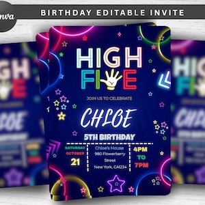 May include: A navy blue birthday invitation with neon text and graphics. The invitation reads "HIGH FIVE" with a hand graphic, the name "CHLOE", and event details. Colorful stars and circles decorate the invitation. The Canva logo is in the upper left corner.
