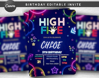 High Five Birthday Invitation, Hi Five 5th Birthday Party, Hi Five Invite Template, High Five Party, Neon Glow High Five, Boys 5th Birthday