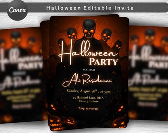 May include: A Halloween party invitation with a dark, spooky design. The invitation features a black background with orange glowing skulls and jack-o'-lanterns. The text reads "Halloween Party" and includes the date, time, and location of the event.