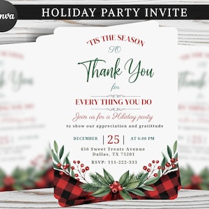 以下が含まれることがあります： 「'Tis the Season to Thank You for Everything You Do」のテキストが入ったホリデーパーティーの招待状。招待状は、緑の葉と赤いベリーが付いた赤と黒のチェック柄のデザインです。日付は12月25日です。