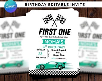Editable Race Car Birthday Invitation, Fast ONE 1st Birthday or TWO Fast Party Invite, Retro Racing Car Boy Birthday Digital Template