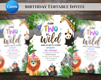 Born Two Be Wild Invitation, Girl 2nd Birthday, Safari Party Animals Invite, Jungle Animal Two Wild Birthday,Editable Party Animals Template