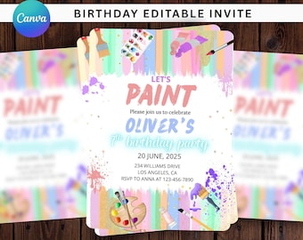 May include: A birthday invitation with a colourful paint theme. The invitation features the text "LET'S PAINT" and "OLIVER'S 7th birthday party". It includes details like the date, time, and location. The design incorporates paintbrushes, paint tubes, and a paint palette.