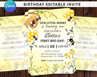 Invitación editable para el primer cumpleaños de una abeja, invitación para el primer día de la abeja, invitación de "dulce a la abeja", fiesta del día de la abeja, fiesta de abejorros