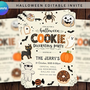 Puede incluir: Invitación con temática de Halloween con el texto "Halloween Cookie Decorating Party". La invitación presenta ilustraciones de galletas, un gato negro, una calabaza y un fantasma. El evento está organizado por The Jerry's el 31 de octubre de 2025.