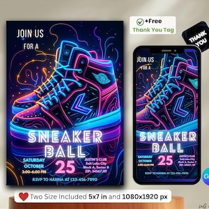 Editable Sneaker Ball Invitation, Sneaker Party Invite with Balloons, Graffiti Neon Birthday Bash for Teen Boys Girls Adults Mobile Evite.