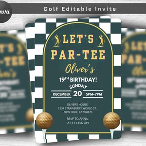 Pode incluir: Convite de aniversário com tema de golfe com fundo verde escuro e detalhes dourados. O texto "LET'S PAR-TEE" é exibido em destaque, juntamente com o nome "Oliver's" e os detalhes do evento. Duas bolas de golfe são apresentadas na parte inferior.