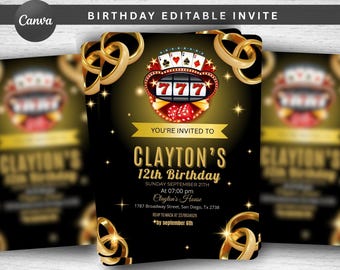 Invitación editable de cumpleaños de casino, invitación para una noche de casino, invitación de póker de casino, fiesta de póker para 30, 40 y 50 años, jubilación de casino