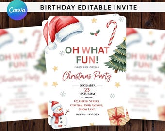 May include: Christmas party invitation with a festive design. The invitation features a Santa hat, candy cane, Christmas tree, and a snowman. Text includes "Oh What Fun!" and party details.