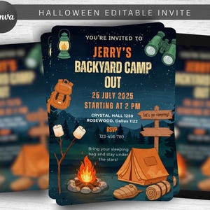 Könnte beinhalten: Halloween-Einladung mit Camping-Motiv. Die Einladung zeigt Illustrationen von Lagerfeuer, Zelt und Rucksack. Der Text lautet "Jerry's Backyard Camp Out" mit Veranstaltungsdetails und RSVP-Informationen.