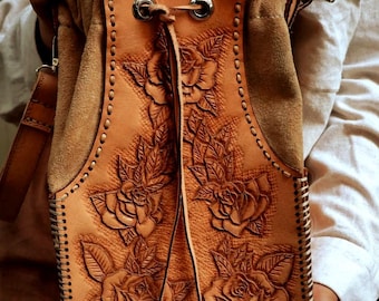Handmade Leather & Suede Tote Bag • Artisan Floral Shoulder Bag