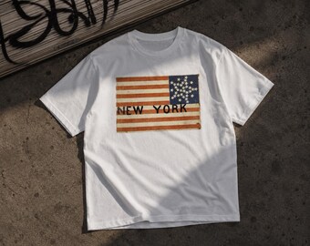 Vintage New York Flag Graphic Tee Y2K Streetwear Shirt, USA Flag Graphic Tshirt, Oversized NYC Tee, Archive Fashion Shirt, American Vintage