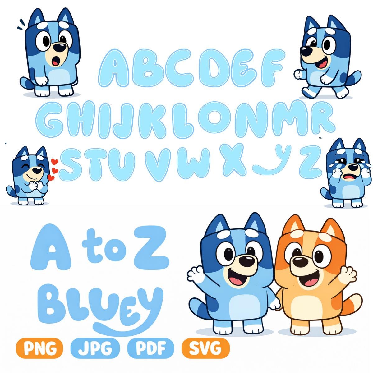 Bluey Alphabet A-Z | Kids Cartoon Letters Png Svg Pdf Jpg Bluey Clipart ...