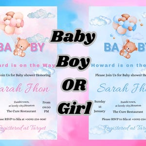 Digital baby shower invitation template for boy and girl, editable bear baby shower evite, balloon theme party invite, instant download