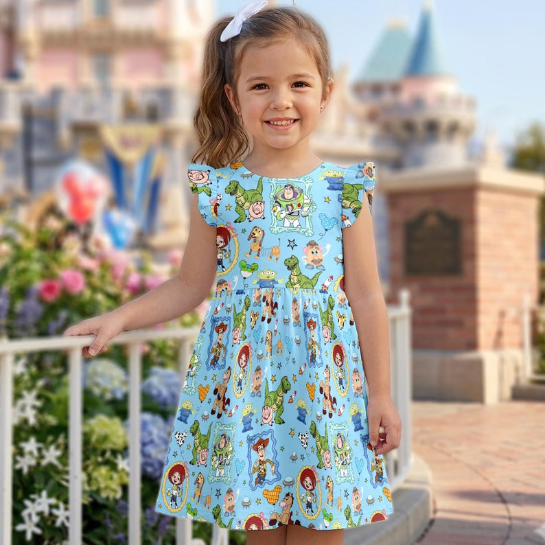 May include: A young girl wearing a light blue dress with a Toy Story character print. The dress has a round neckline and ruffled sleeves. The background shows a castle and flowers.