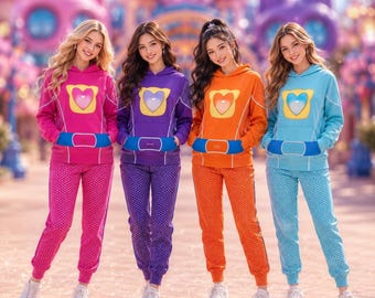 May include: Four matching hooded sweatshirts and jogger pants sets in pink, purple, orange, and light blue. Each hoodie features a central heart emblem and a contrasting blue waist band. The pants have a repeating geometric honeycomb pattern.