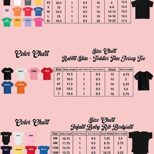 May include: A comprehensive size and color chart for youth t-shirts, toddler fine jersey tees, and infant baby rib bodysuits. The image displays color swatches, detailed measurement tables in inches, and garment silhouettes for each clothing category.